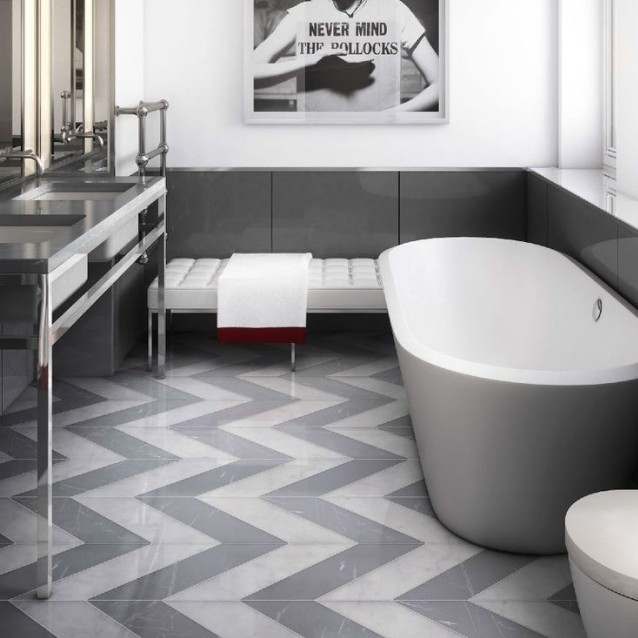 design salle de bains moderne-grise-sol-chevrons