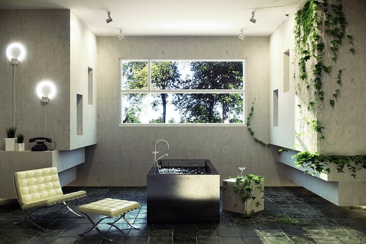 design salle de bains moderne plantes vertes baignoire rectangulaire