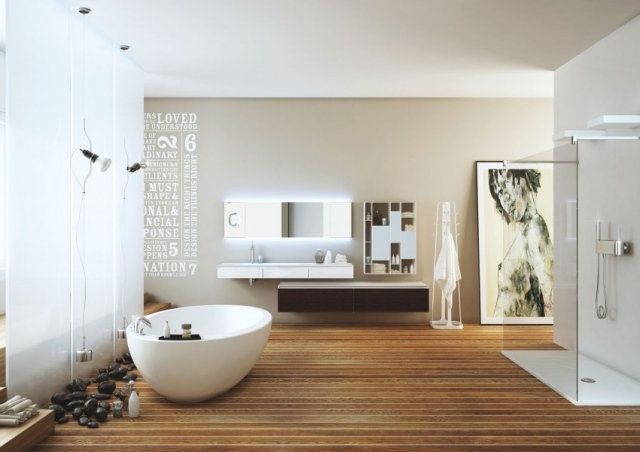 design salle bains zen sol bois galets baignoire