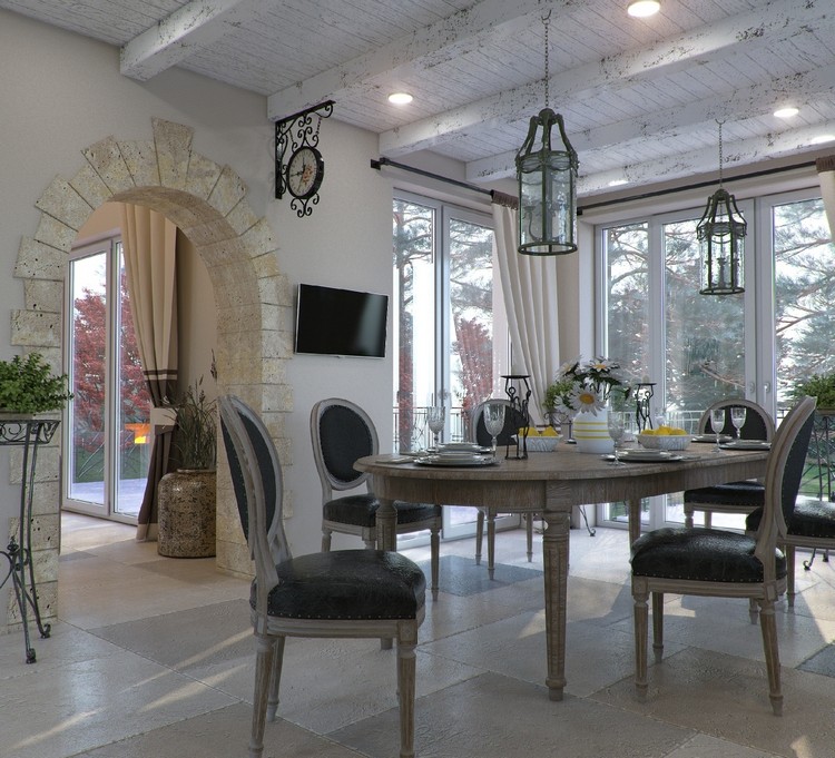 design-salle-manger-plafond-bois-table-ovale-chases-médaillon-sol-pierre