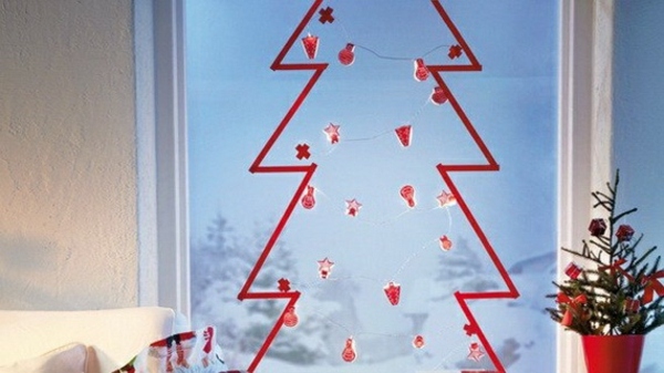 déco-fenêtre-Noël-sticker-sapin-rouge-ornements déco fenêtre Noël