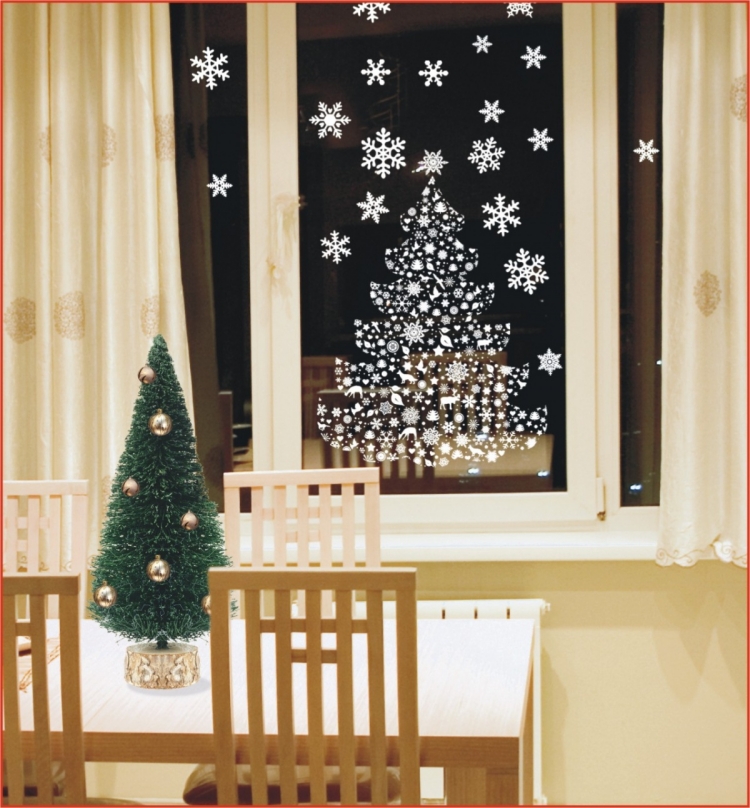 déco-fenêtre-Noël-stickers-fenêtre-blancs-flocons-neige-sapin déco fenêtre Noël