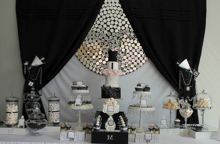 décoration anniversaire –adulte-glamour-gateau-noir-blanc-rose-candy-bar-noir-blanc