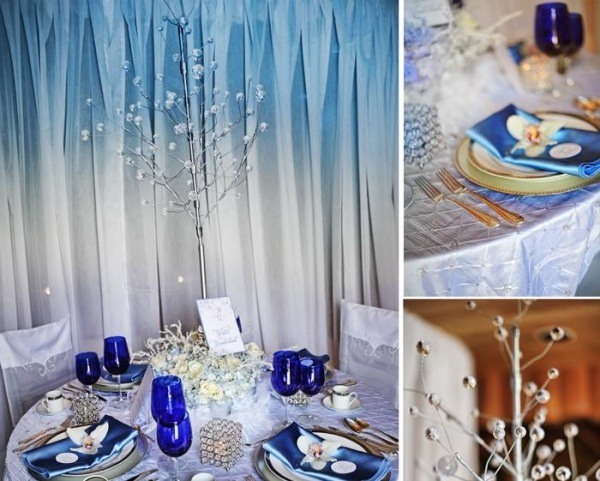 décoration-table-Noël-thème-hiver-bleu-blanc-arbre-décoratif-fleurs-orchidée-blanche