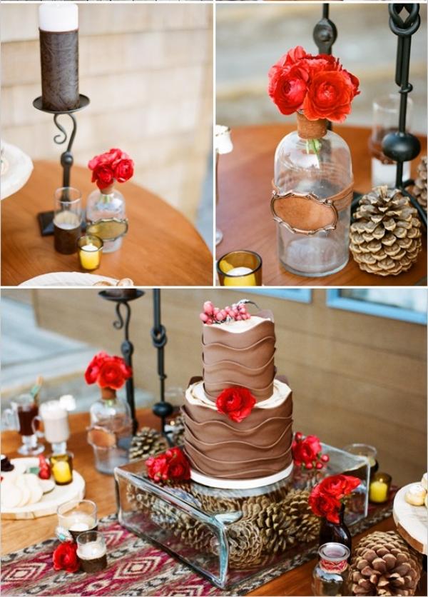 décoration-table-Noël-thème-hiver-gâteau-blanc-marron-fleurs-rouges-pommes-pin