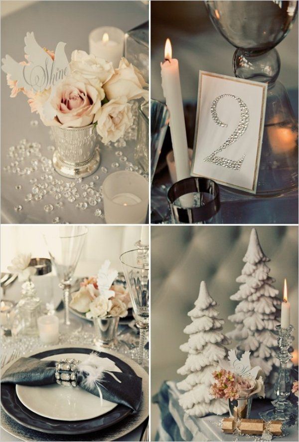 décoration-table-Noël-thème-hiver-sapins-décoratifs-roses-blanches-rond-serviette-pierres-décoratives-plumes