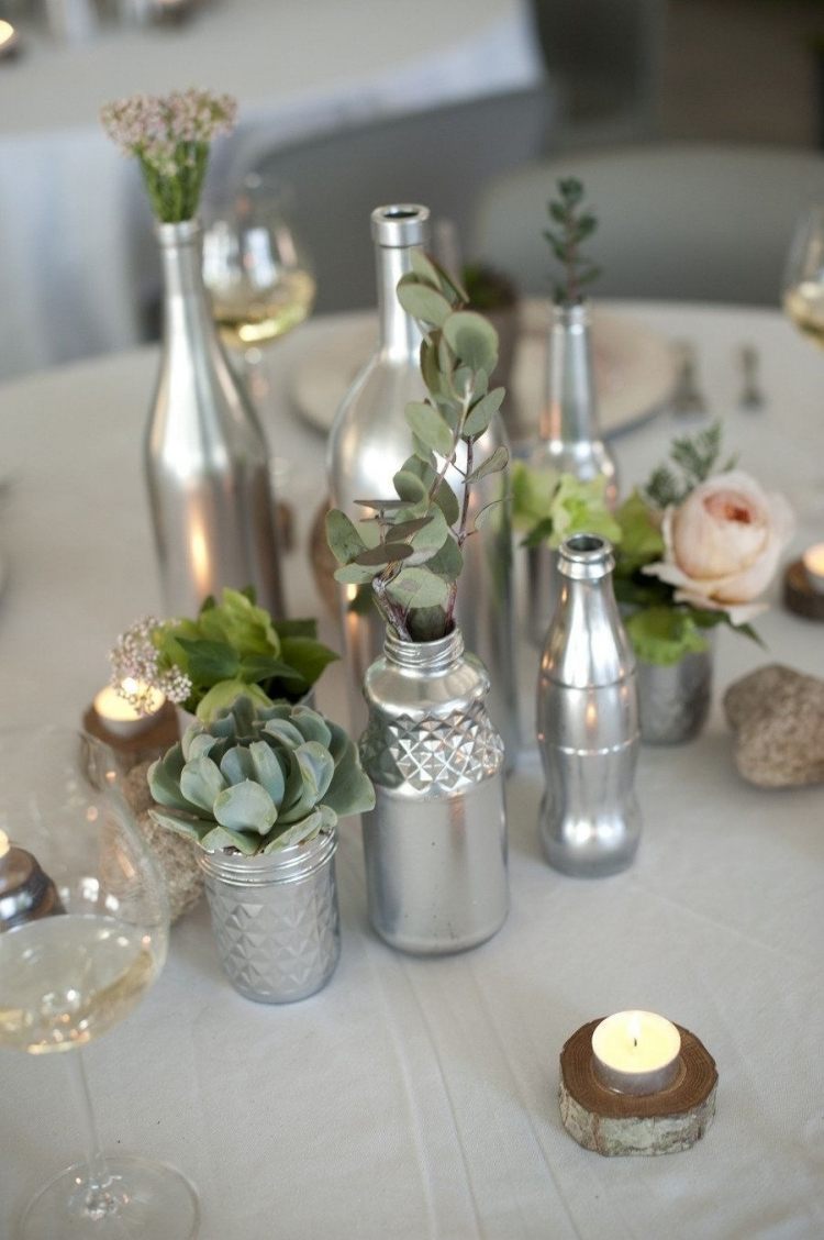 décoration-table-printanière-vases-bouteilles-peinture-argent