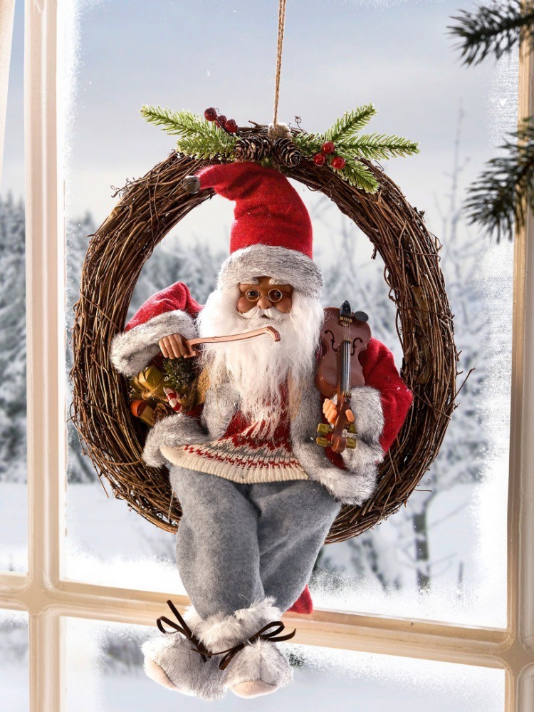 figurines-Noël-bois-père-Noel-couronne-branches figurines de Noël en bois