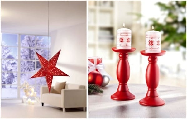 idée-déco-Noël-rouge-bougeoirs-rouges-bougies-blanches-étoile-ornement-rouge idée déco Noël
