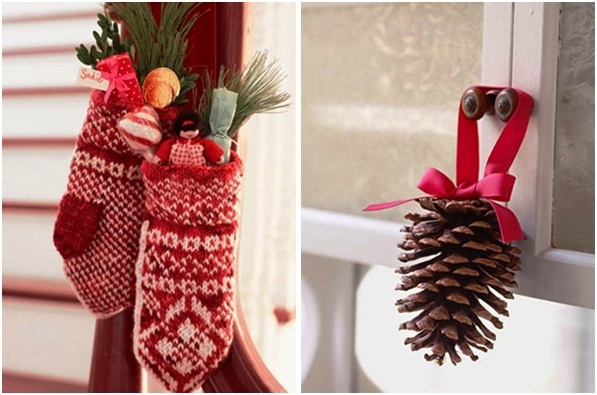idée-déco-Noël-rouge-pommes-pin-gants-tricot-rouge-blanc-branches-naturelles idée déco Noël