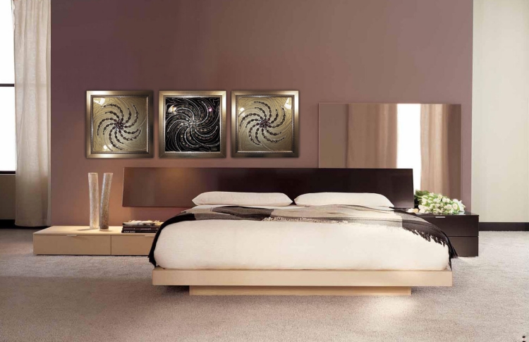 Décoration Murale chambre à coucher à la feuilles d'or - Carrés sur toiles