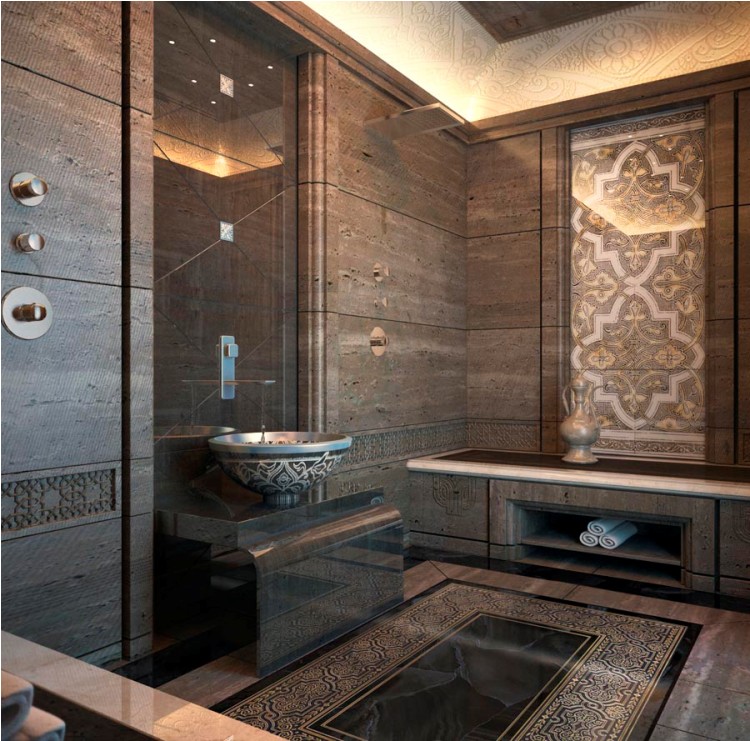 idées-déco-salle-bains-marocaine-vasque-poser-carrelage-marron-motifs