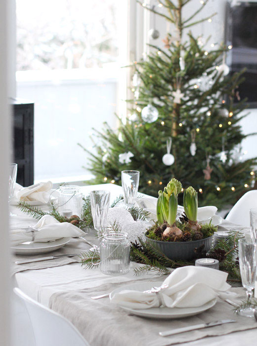 idées-déco-table-hiver-arrangement-naturel-pommes-pin-branches-vertes-nappe-blanche