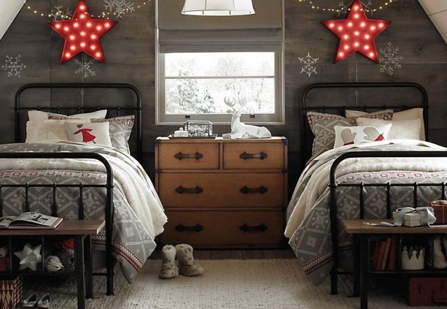 idées-décoration-murale-Noël-étoiles-guirlandes-lumineuses-chambre-enfant idées décoration murale