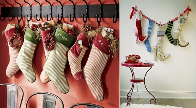 idées-décoration-murale-Noël-chaussettes-accochées-mur-couronnes-décoratives
