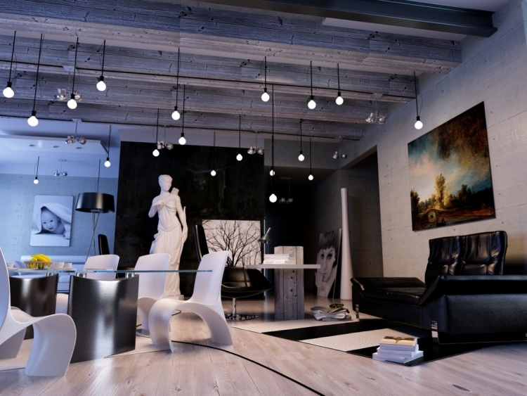idées-salon-moderne-plafond-bois-gris-canapé-cuir-noir-suspensions idées salon moderne