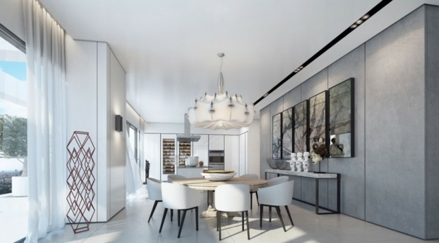 idée aménagement salle manger blanc gris