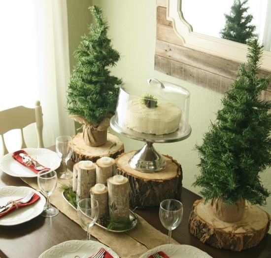 idées-déco-table-hiver-disques-bois-sapins-décoratifs-pots