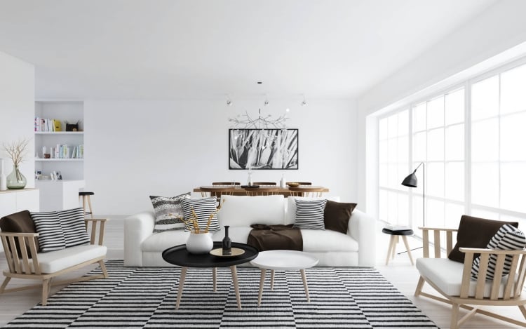 intérieur-scandinave-blanc-mobilier-rayures-noir-blanc