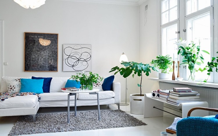 intérieur-scandinave-canapé-blanc-coussins-bleus-plantes-vertes