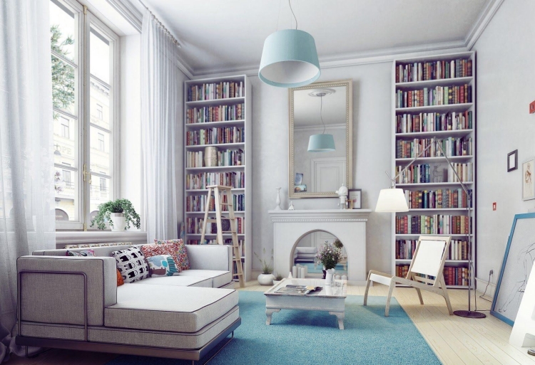 intérieur-scandinave-tapis-bleu-clair-canapé-blanc-bibliothèques