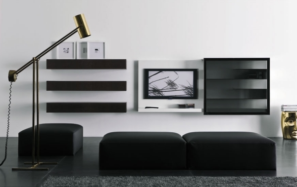 meuble-TV-idée-originale-salon-aménagement-lampe-sol-etageres-murales