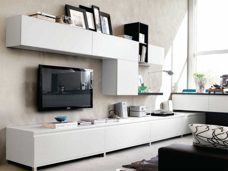 meuble-salon-design-blanc-cadres-photos-noirs meuble de salon design
