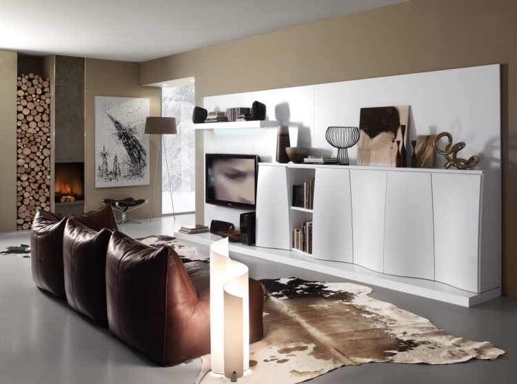 meuble-salon-design-blanc-canapé-cuir-marron meuble de salon design