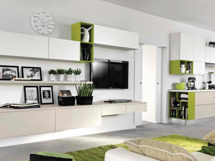 meuble-salon-design-blanc-vert-anis-accents meuble de salon design