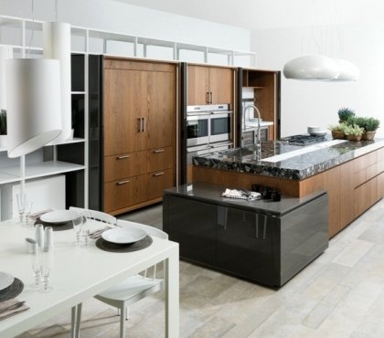 meubles de cuisine en bois foncé plan-îlot-marbre-foncé