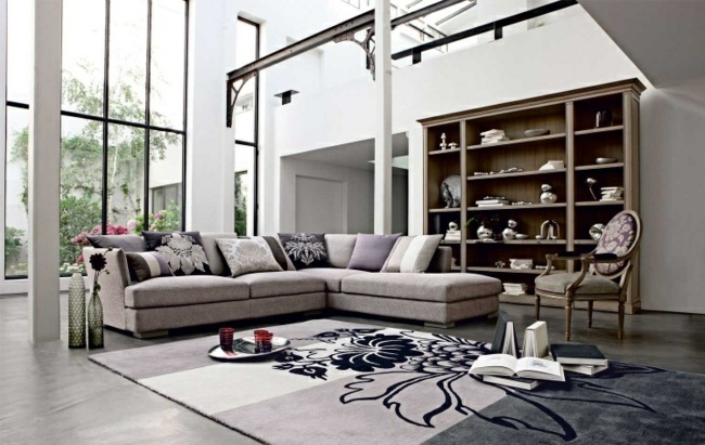 meubles-salon-canapé-gris-coussins-tapis meubles de salon