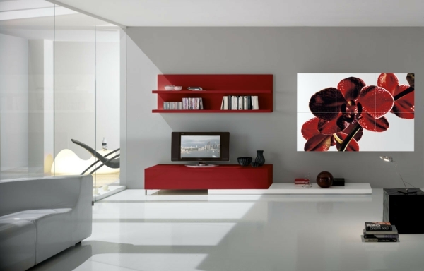 meubles de salon moderne blanc-rouge-déco-murale