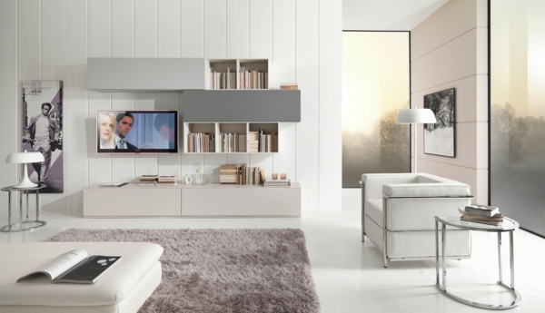 meubles de salon moderne blancs-tapis-poil-long-gris