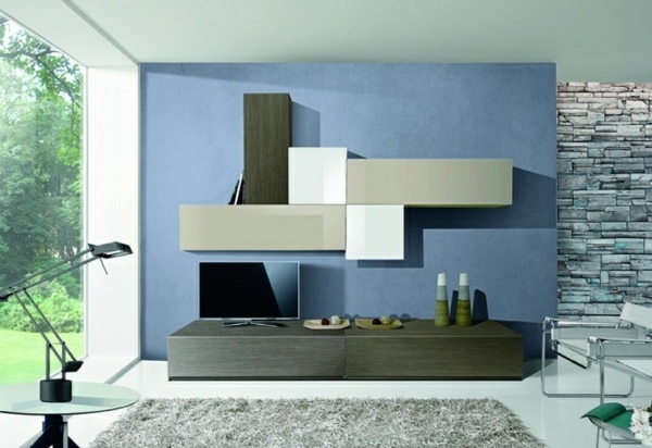 meubles de salon moderne mur-bleu-revêtement-pierre