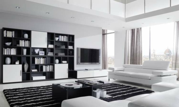 meubles de salon noir blanc tapis-rayé-canapé-blanc