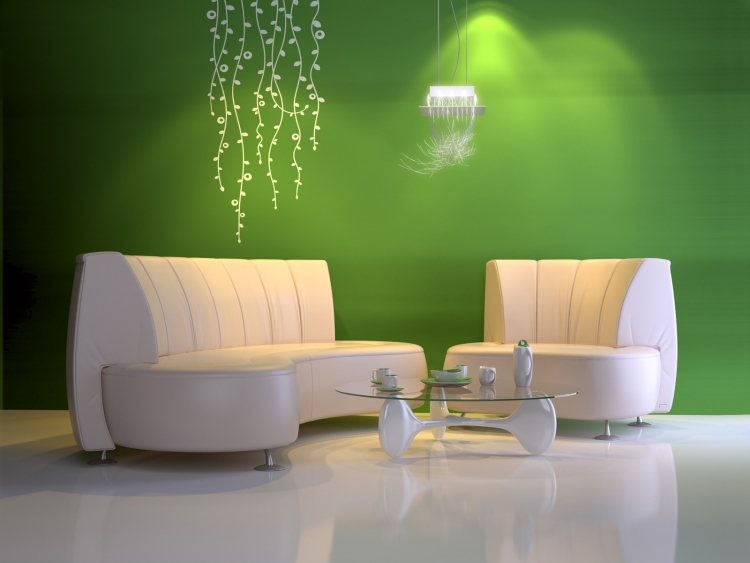 peinture décorative salon vert vif meubles blancs