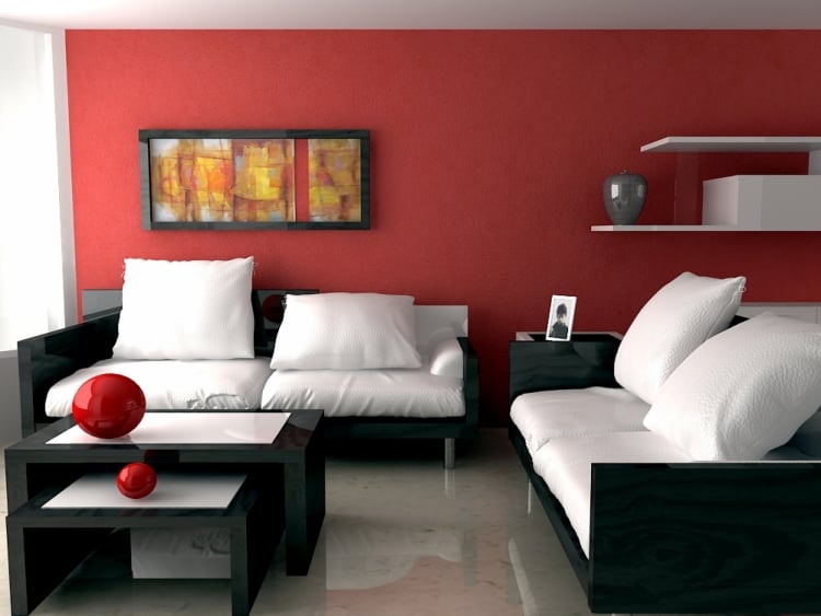 peinture-murale-rouge-meubles-blanc-noir-salon peinture murale