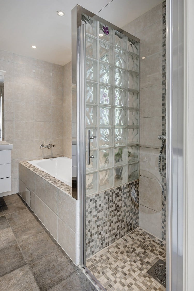 petite salle de bains -baignoire-douche-mosaique-moderne-paroi-verre-depoli-facette