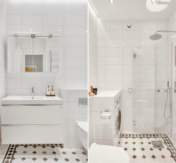 petite salle de bains -blanche-douche-italienne-paroi-verre-meuble-vasque-blanc