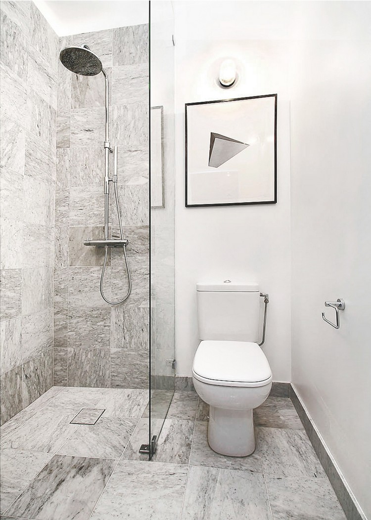 petite salle de bains -carrelage-mural-sol-blanc-gris-douche-italienne