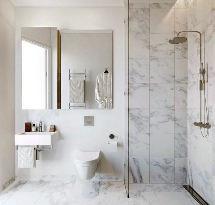 petite salle de bains -douche-italienne-carrelage-marbre-blanc