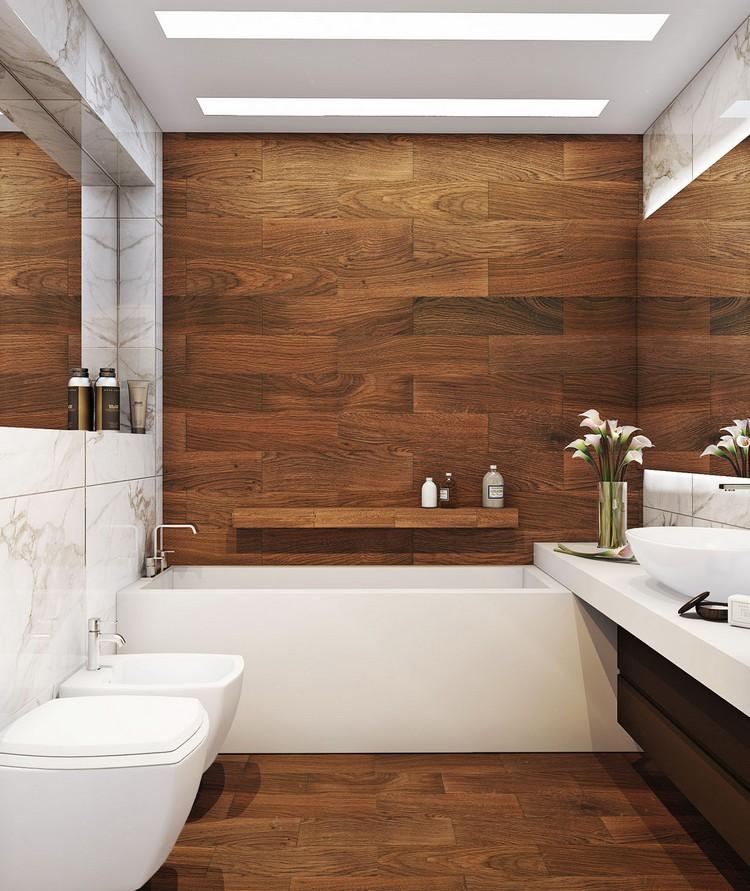 101 photos de salle de bains moderne qui vous inspireront Carrelage imitation parquet brun clair