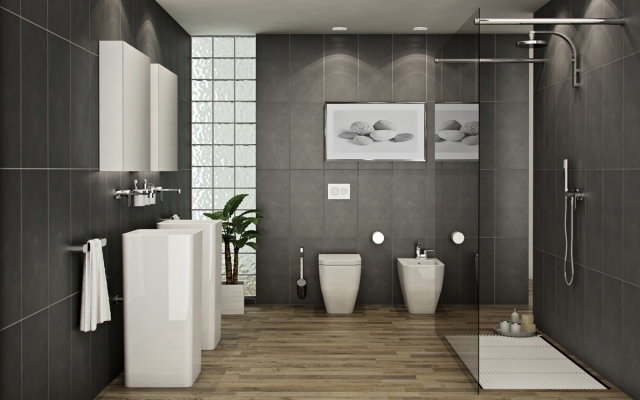 salle-bains-moderne-carrelage-gris-foncé-mat-vasques-pied-blancs-douche-italienne