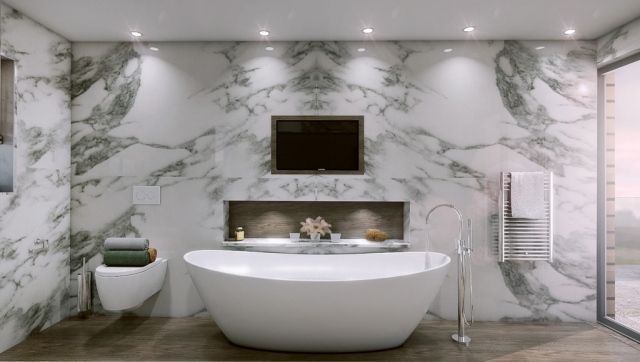 salle-bains-moderne-carrelage-mural-aspect-marbre-baignoire-îlot-blanche-cuvette-suspendue photos de salle de bains