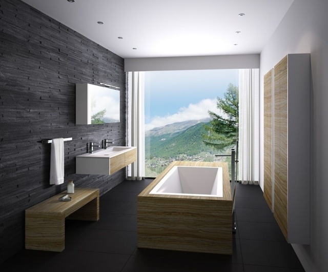 salle-bains-moderne-carrelage-mural-noir-baignoire-îlot-bois-clair-colonnes