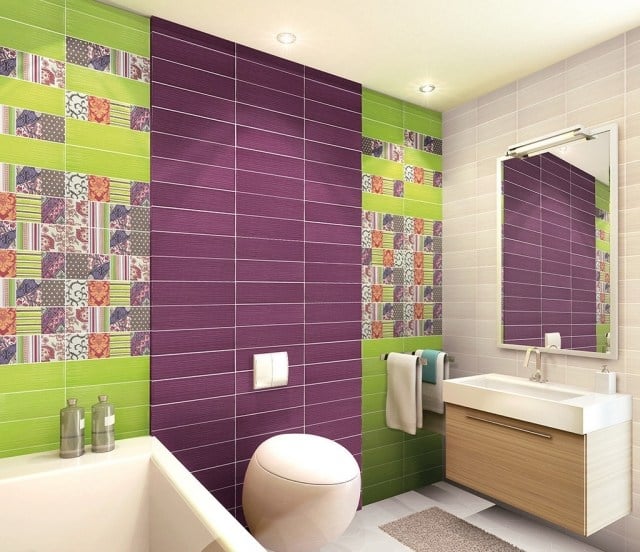 salle-bains-moderne-carrelage-mural-pourpre-vert-anis-cuvette-ronde-blanche-meuble-vasque-bois-clair-grand-miroir