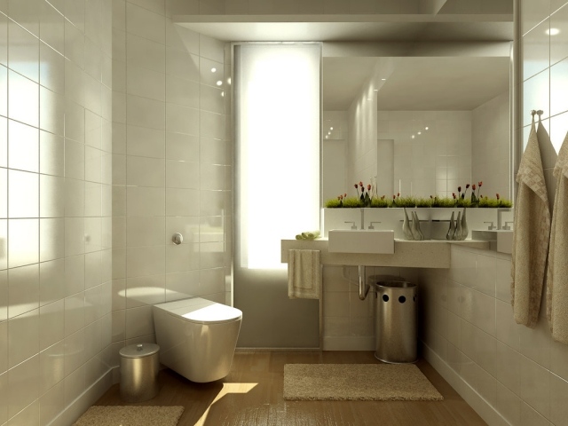 salle-bains-moderne-crème-cuvette-suspendue-vasque-rectangulaire-grand-miroir-déco-plantes