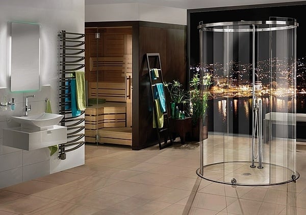 salle-bains-moderne-douche-italienne-cabine-ronde-verre-vasque-blanche-élégante-sauna photos de salle de bains