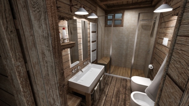 salle-bains-moderne-rustique-bois-vasque-intégrée-blanche-lampes-élégantes photos de salle de bains