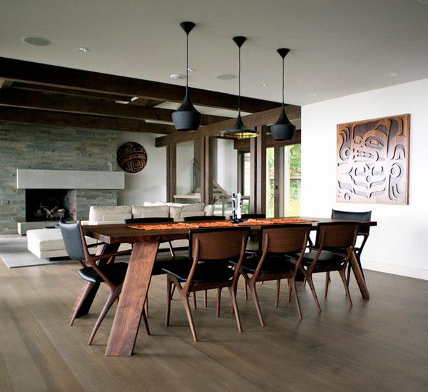 salle-manger-moderne-table-chaises-bois-sombre-suspensions-noires